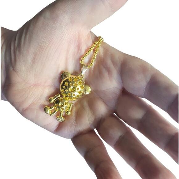 Articulated Gold Tone Black Enamel Round Crystal Teddy Bear Pendant 24" Chain - Picture 3 of 6